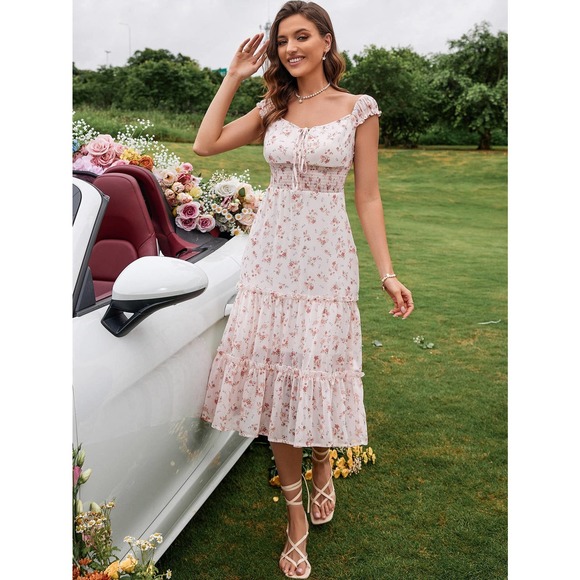 Cottagecore Floral Print Shirred Waist Knot Front Ruffle Hem Dress pink - Picture 3 of 5